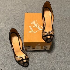 Christian Louboutin Black Lace bow Peep Toe Heel size 6